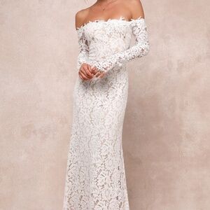 Lulus Romance Dreamer White Lace Off Shoulder Maxi Bridal Dress XS